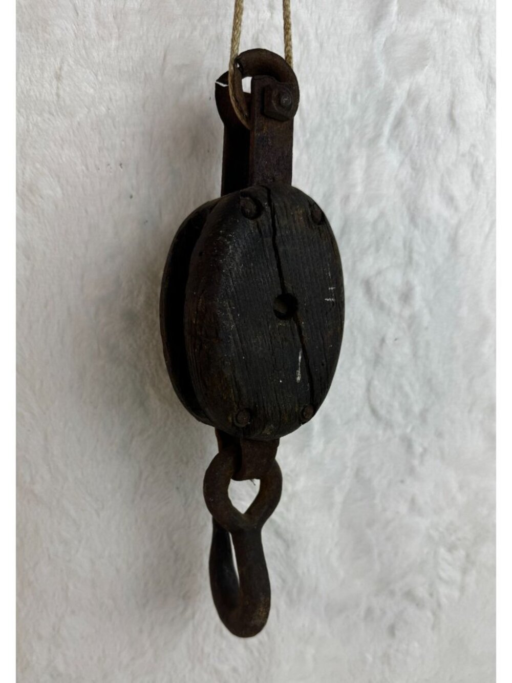Vintage Metal Single Sheave Wood Block Pulley W/ Hook Rustic Farmhouse Decor